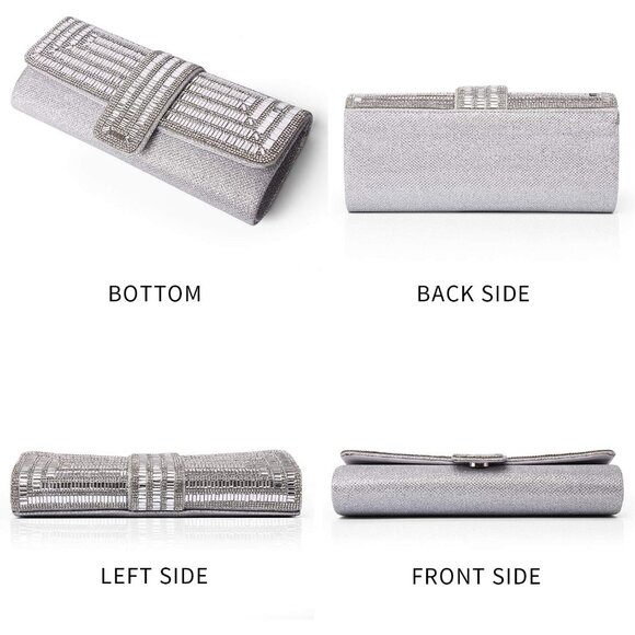 Womens Silver Crystal Sparkly Evening Clutch Purse with Rhinestones Wedding - Picture 4 of 6